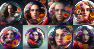 AI呪文（プロンプト）「美しい女性（ガラスのボールの中に入っている、たくさんの花に囲まれて）」『Midjourney ver.』
