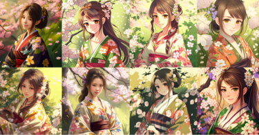 AI呪文（プロンプト）「着物姿の日本人女性（春を感じられる背景）」『Midjourney ver.』